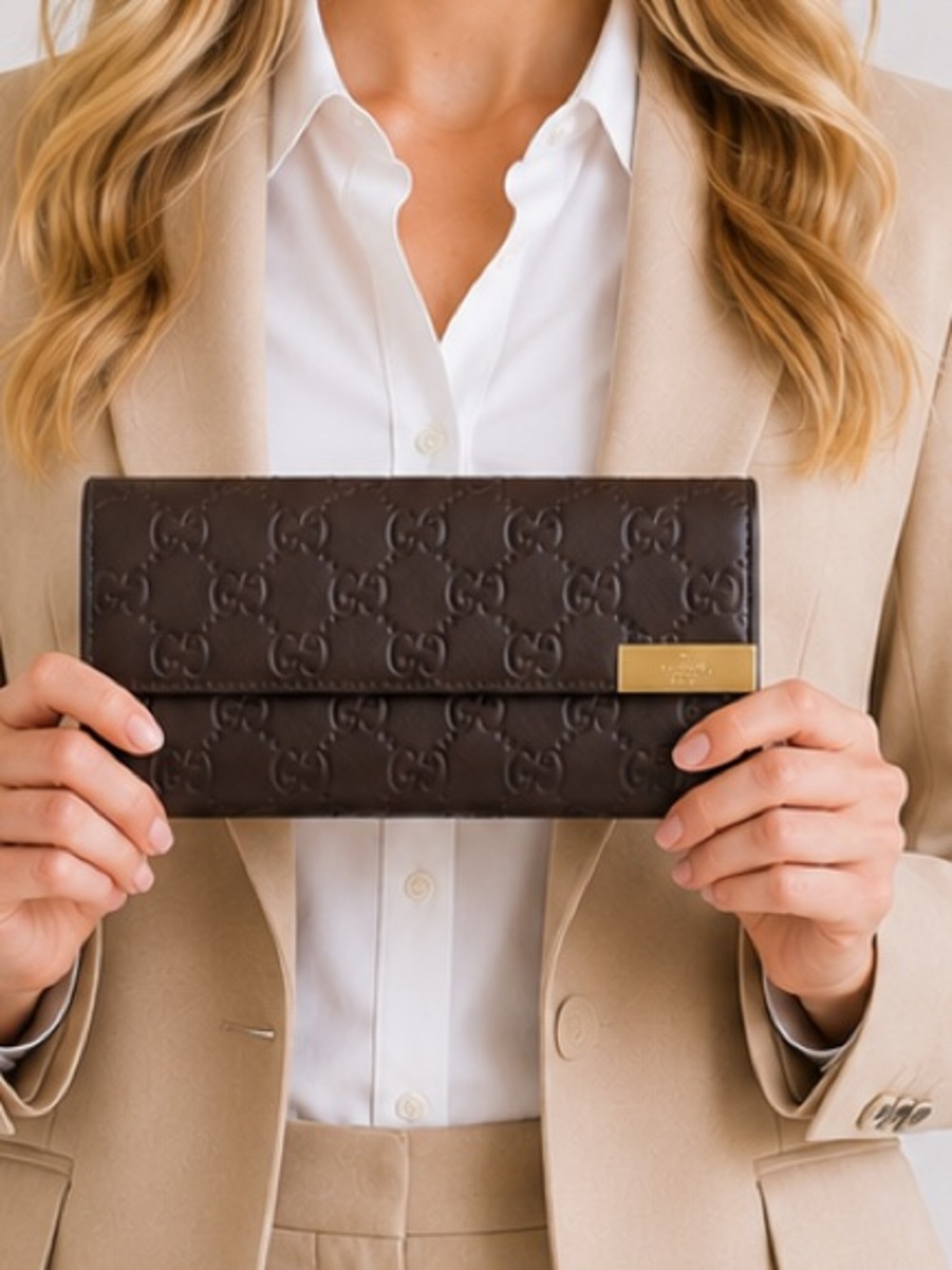 GUCCI Guccisima brown leather long wallet.